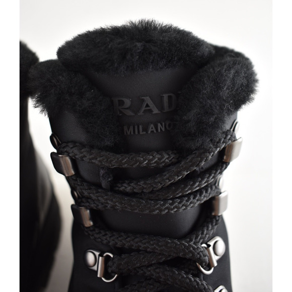 Prada Brixxen 38 Black Shearling Leather Nylon Lug Sole Lace Up Hiking Boot 40.5 - Picture 10 of 16